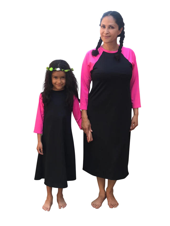 Woman and girl in modest swim dress