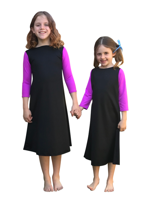 girls modest swim dress (black with purple)