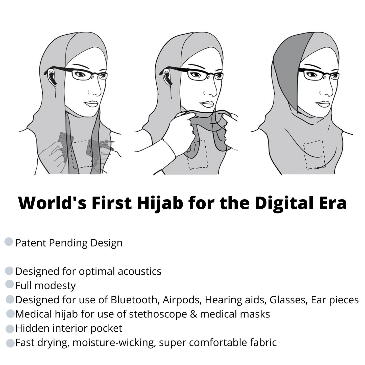 Hijab for Bluetooth Airpods Hearing Aids Glasses Medical Hijab Exercise Hijab Sports Hijab Black with Gray