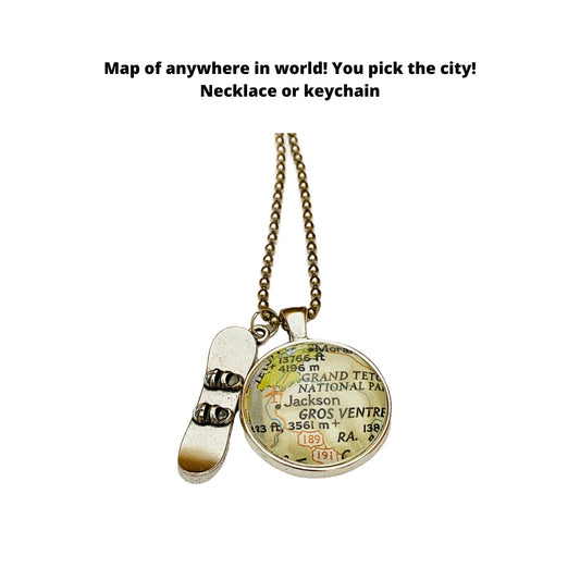 Snowboard Charm Necklace, CUSTOM Map Pendant Necklace, Sports Jewelry, Necklace for Adventure Seekers, Snowboard Jewelry