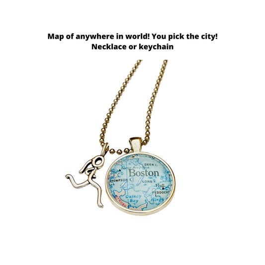 Running Girl Cham & CUSTOM Map Pendant Necklace, Running Jewelry, Gift for Runner, Track Team Gift, Cross Country Jewelry