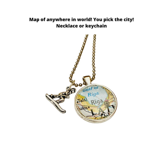 Ski Charm Necklace, CUSTOM Map Pendant Anywhere in the World, Jewelry for Skier, Ski Jewelry, Ski & Snowboard Jewelry