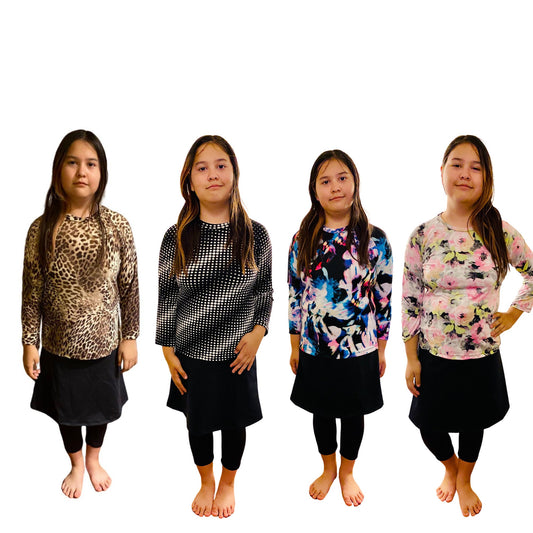 Girls Modest Black Swimwear swim shirt, activewear, skirt with leggings, Tznius Swimsuit, Islamic Girls Burkini, Complete Swim Set, Sz S-XXL