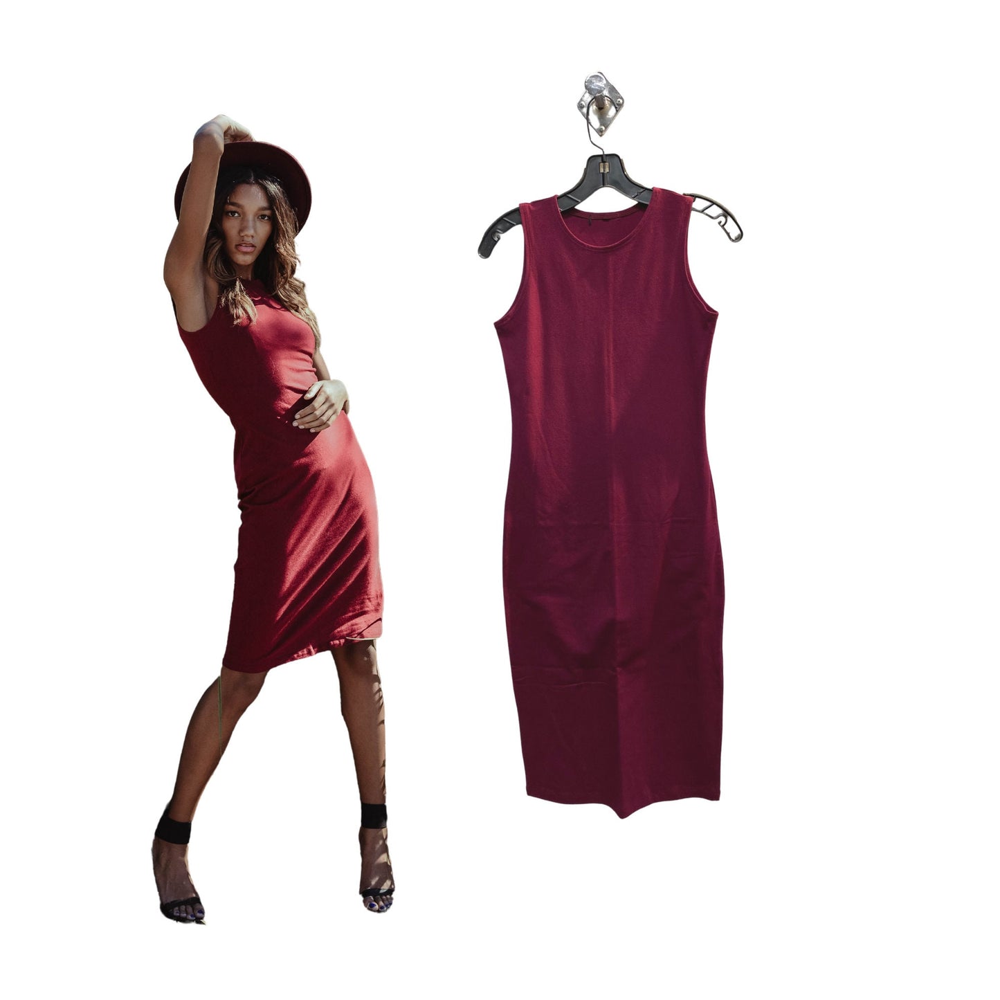 Wine Stretch Cotton Jersey Bodycon Sleeveless Dress, Midi Tank Dress, Cocktail Dress, Layering Dress, Tznius, Sheath, Versatile Tank Dress
