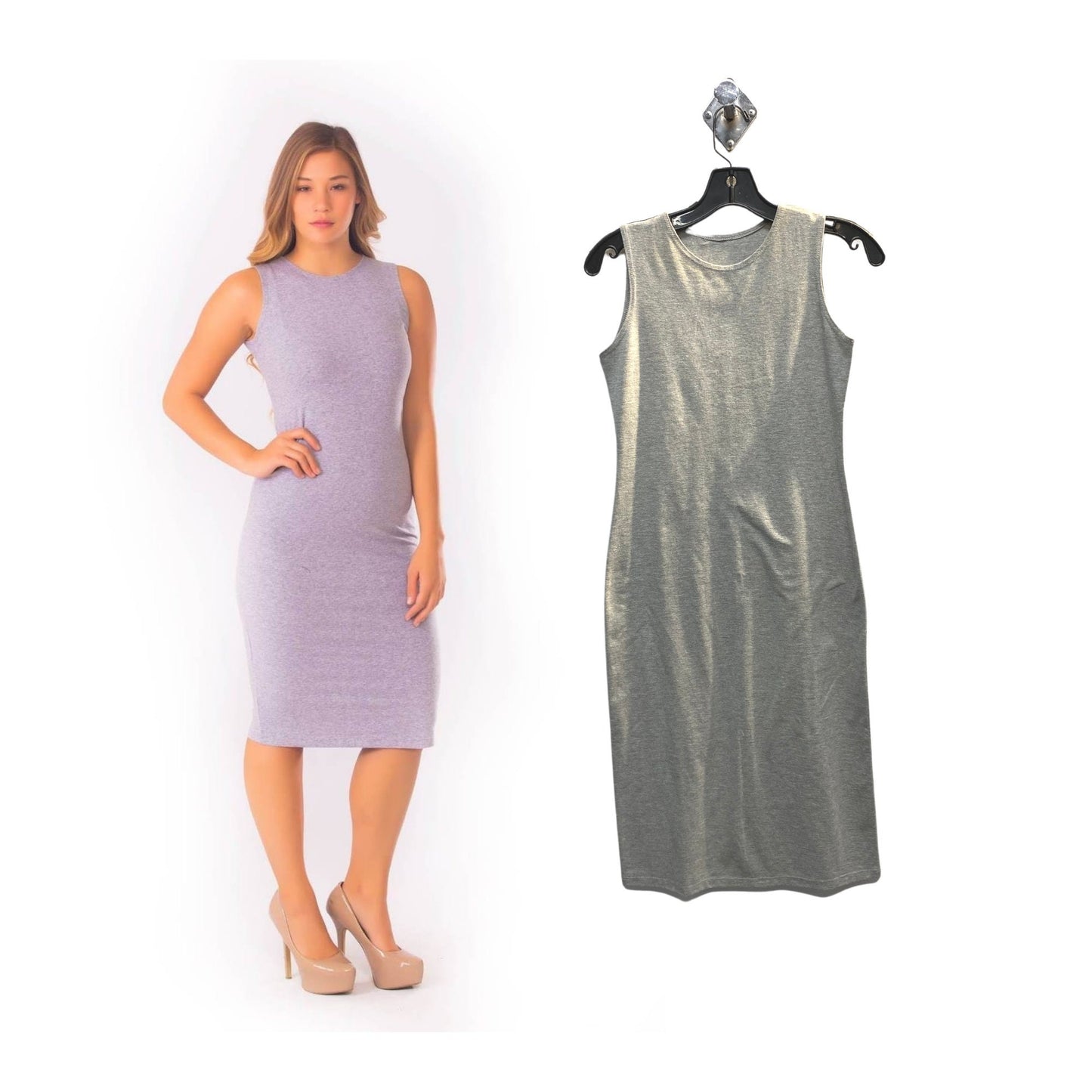 Plus Size 1X-3X Grey Stretch Cotton Jersey Sleeveless Dress, Midi Tank Dress, Cocktail Dress, Layering Dress, Tznius, Sheath, Bodycon Dress