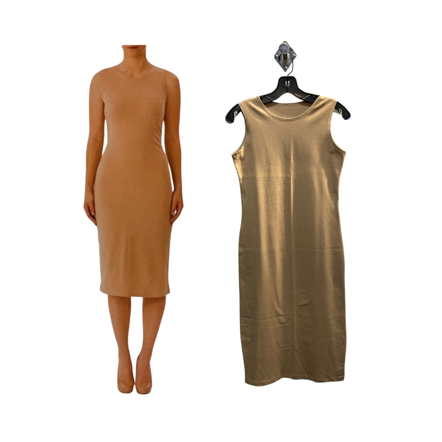 Beige Stretch Cotton Jersey Bodycon Sleeveless Dress, Midi Dress, Cocktail Dress, Layering Dress, Tznius Dress, Sheath, Versatile Tank Dress