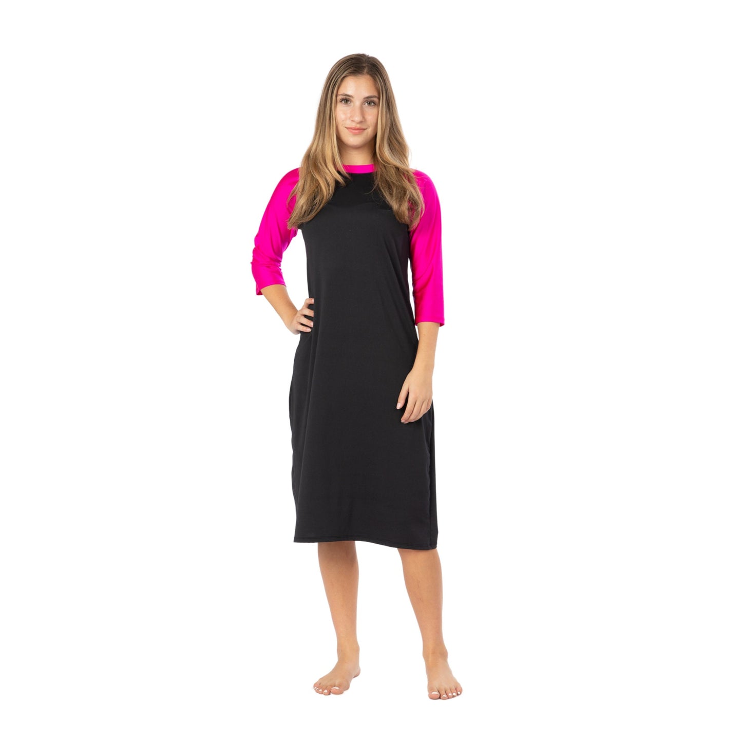 Loose Fitting Swim Dress, Beach Coverup, Fast Dry, Plus Size Swim, Modest Swimwear, Sun Protection, Tznius, Burkini, S-3XL! Fushia and Black