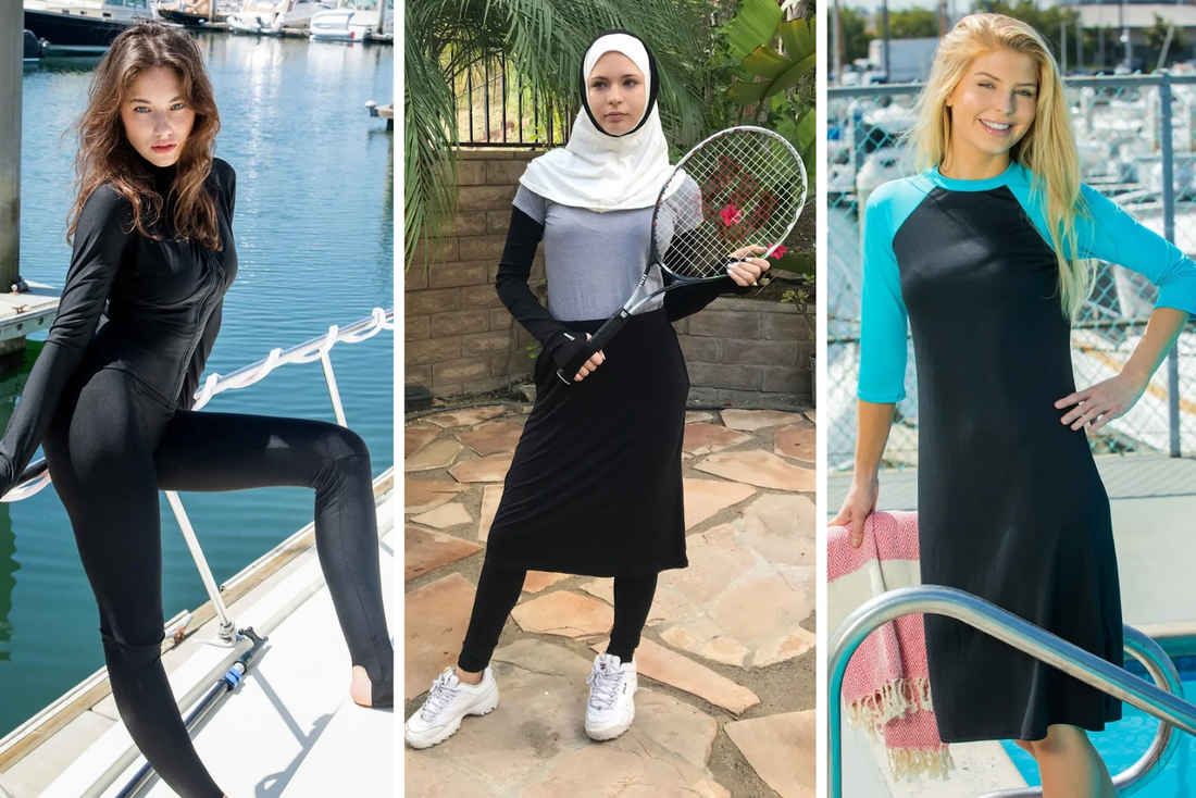Women in modest activewear and swimwear.