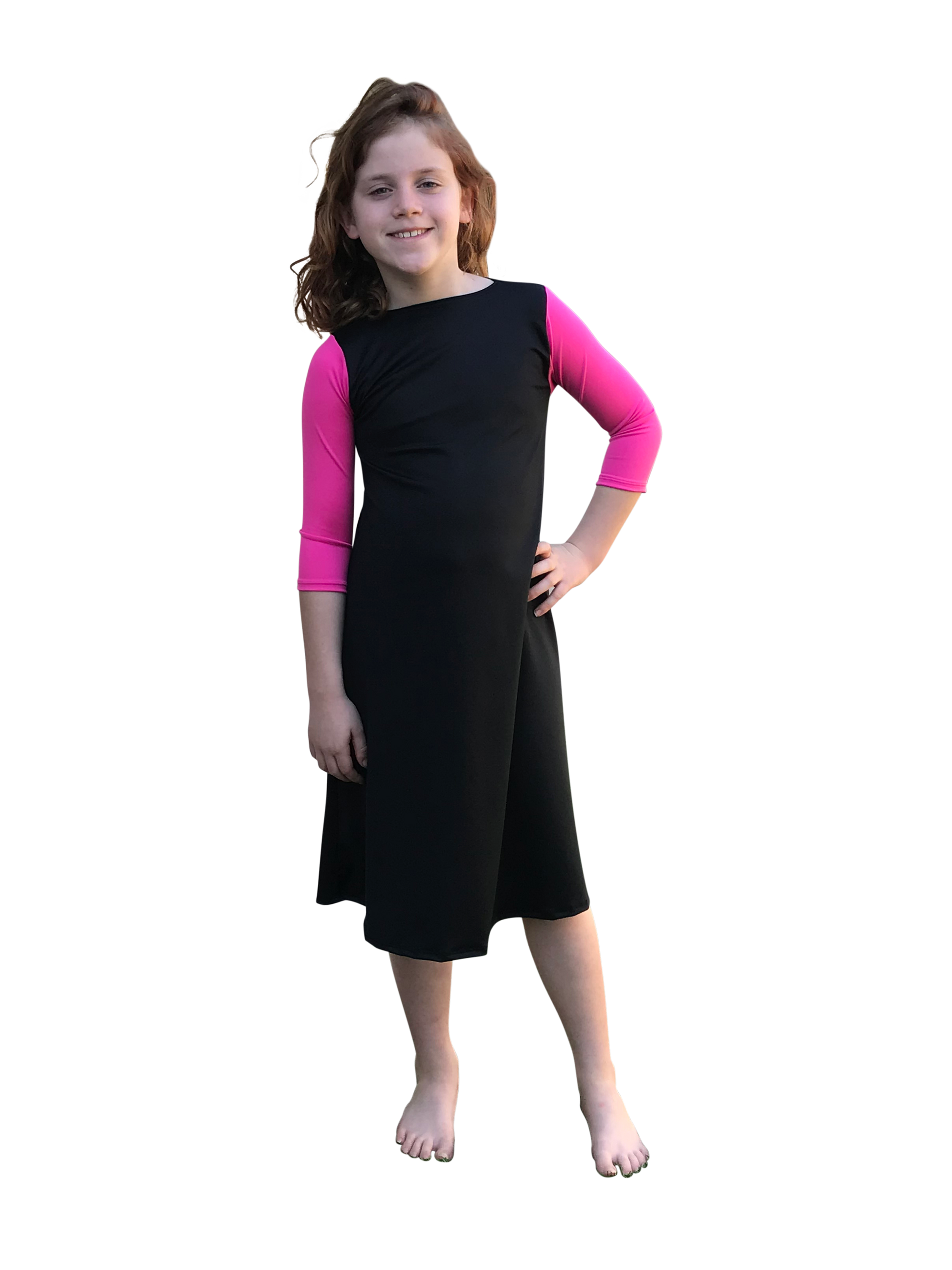 Girls Modest Swim Dress (Black with Pink) MODEFYwear Girls Modest Swim Dress (Black with Pink) MODEFYwear