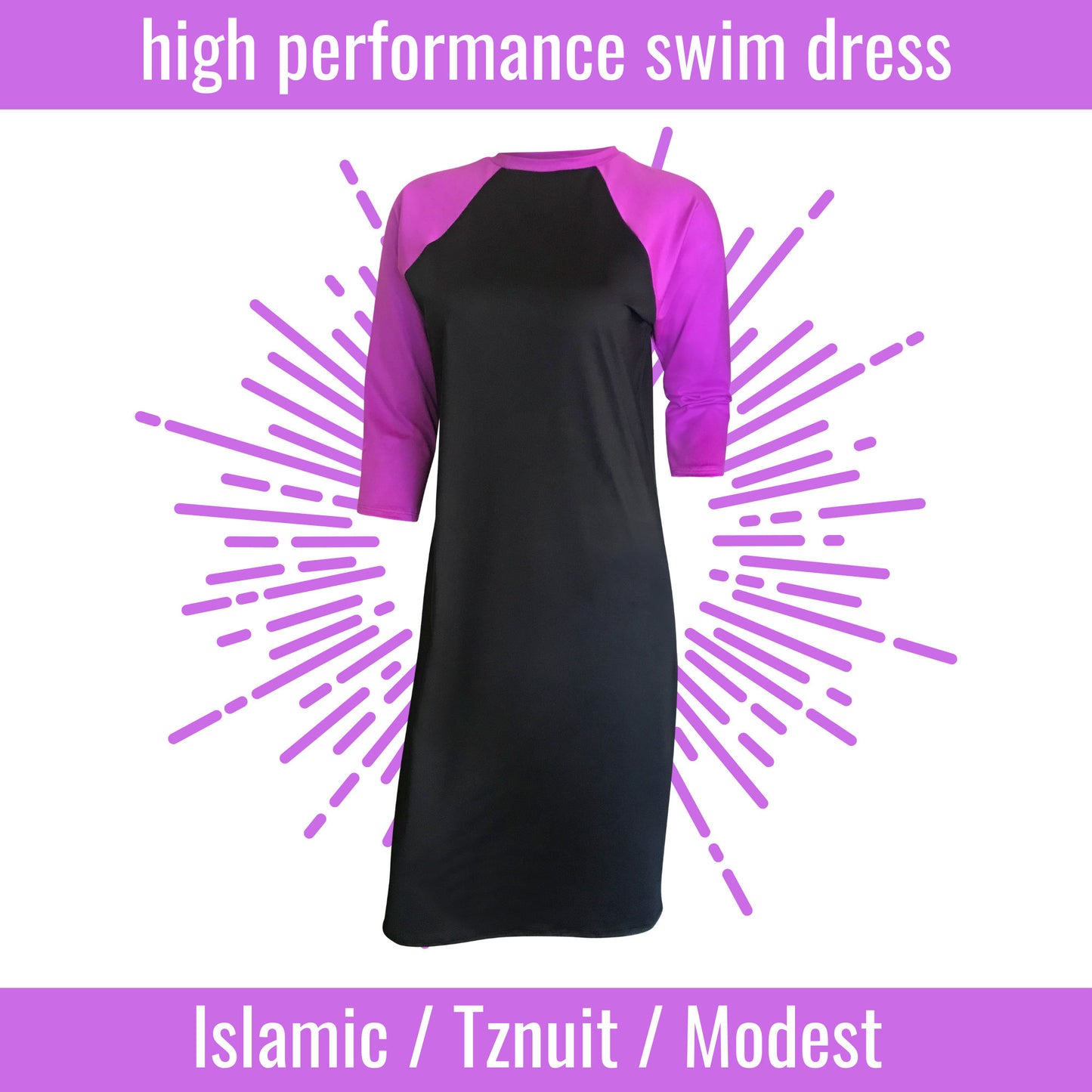 Ladies Modest Swim Dress (Black with Purple)