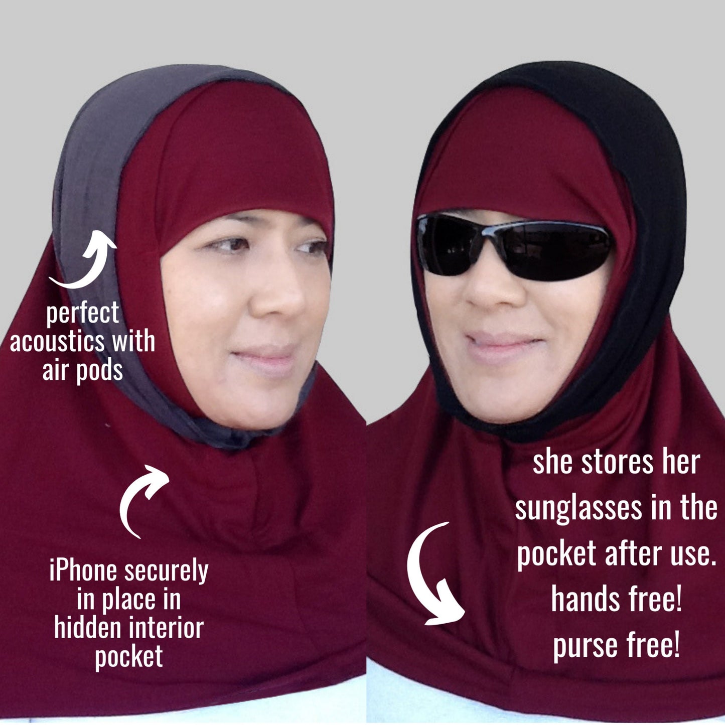 Hijab for Bluetooth Airpods Hearing Aids Glasses Medical Hijab Exercise Hijab Sports Hijab Black with Gray