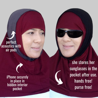 Hijab for Digital Era Medical Hijab No Migraine Hijab No Pins Hijab Exercise Hijab Sports Hijab Maroon with Black Al Amira Style Hijab