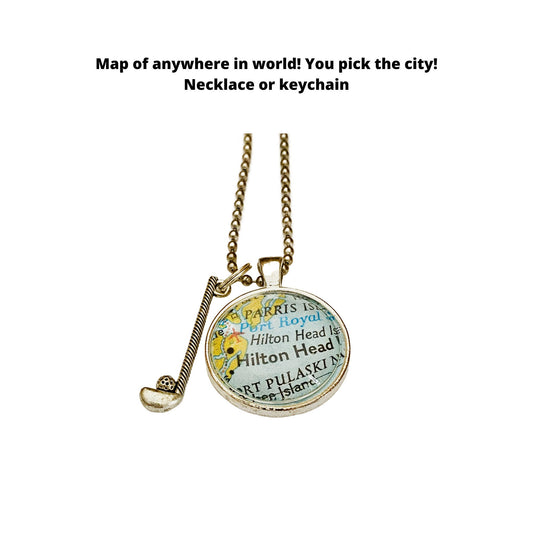 Golf Jewelry / Golf Charm & CUSTOM Map Pendant Anywhere in World/ Golf Necklace / Personalized Golf Necklace/ Gift for Golfers