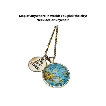 Live Your Dream Jewelry/ Live Your Dream & CUSTOM Map Pendant Necklace/ Necklace for Athletes/ Inspiration Jewelry/ Travel Jewelry