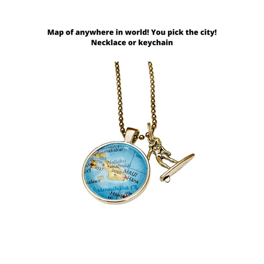 Surfer Necklace, Surfing Girl Charm, Surfing Necklace with CUSTOM Map Pendant Anywhere in the World, Travel Jewelry, Adventure Seeker Gift