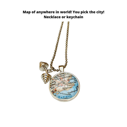 Weightlifting Jewelry, Gym Jewelry, Bodybuilder Jewelry, CUSTOM Map Pendant of Anywhere in World, Gift for Athletes
