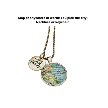 Never Never Give Up Charm & CUSTOM Map Pendant Necklace / Motivation Jewelry / Inspirational Jewelry/ Gift for Athlete / Entrepreneur Gift