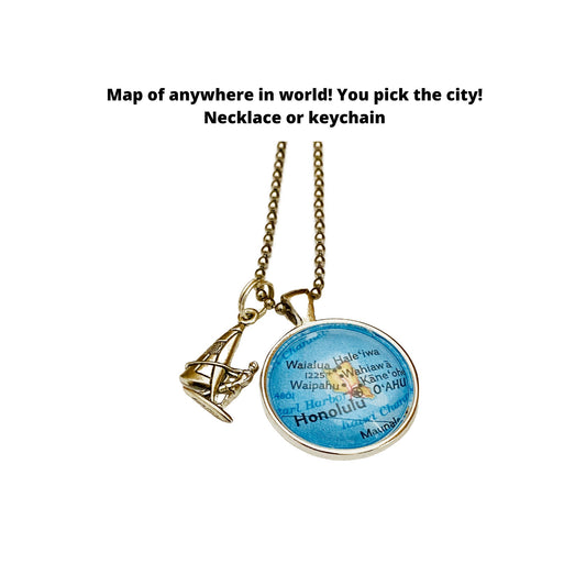 Wind Surf Jewelry, Wind Surfing Necklace, CUSTOM Map Pendant of Anywhere in the World, Gift for Adventure Seeker, Wind Surf Keychain