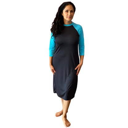 Modest, Long Swim Dress Full Cover (Black with Turquoise)