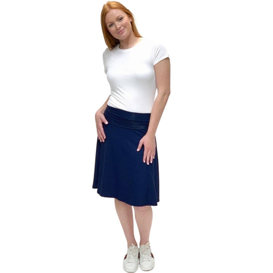 Fun & Flirty A-Line Navy Blue Skirt Modest Below Knees Tznius Skirt Plus Size  SCHOOL UNIFORM APPROVED