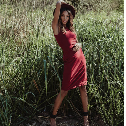 Wine Stretch Cotton Jersey Bodycon Sleeveless Dress, Midi Tank Dress, – MODEFYwear